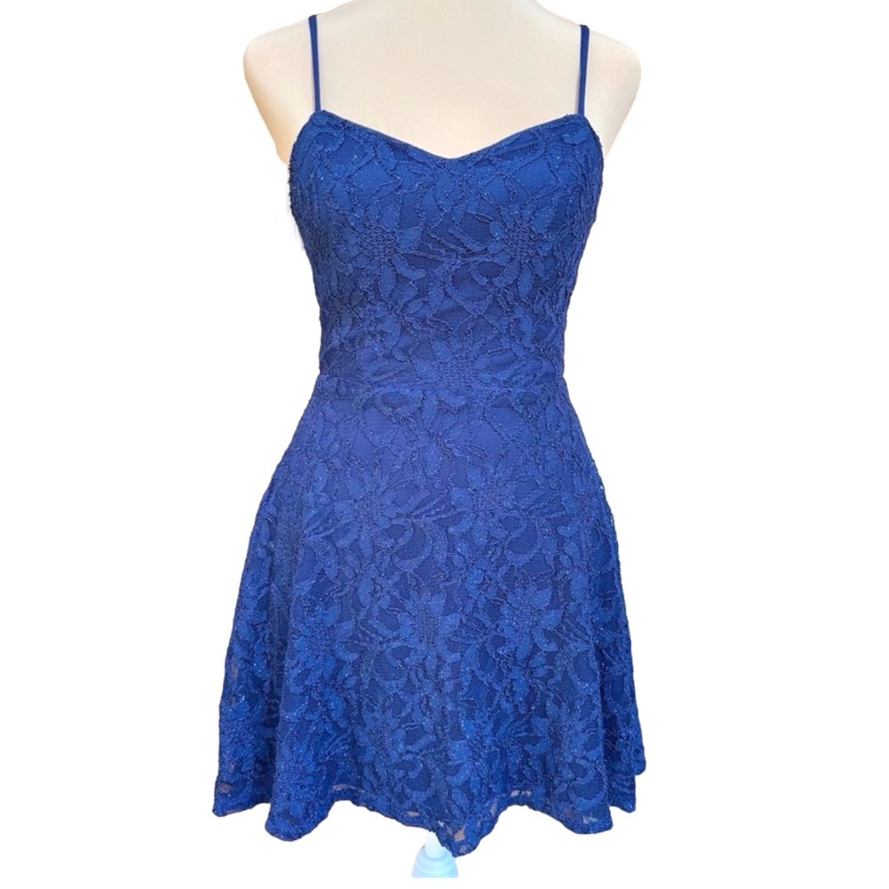 B. Darlin Royal Blue Lace Fit & Flare Dress Size 4 | Strappy Back Party Glam